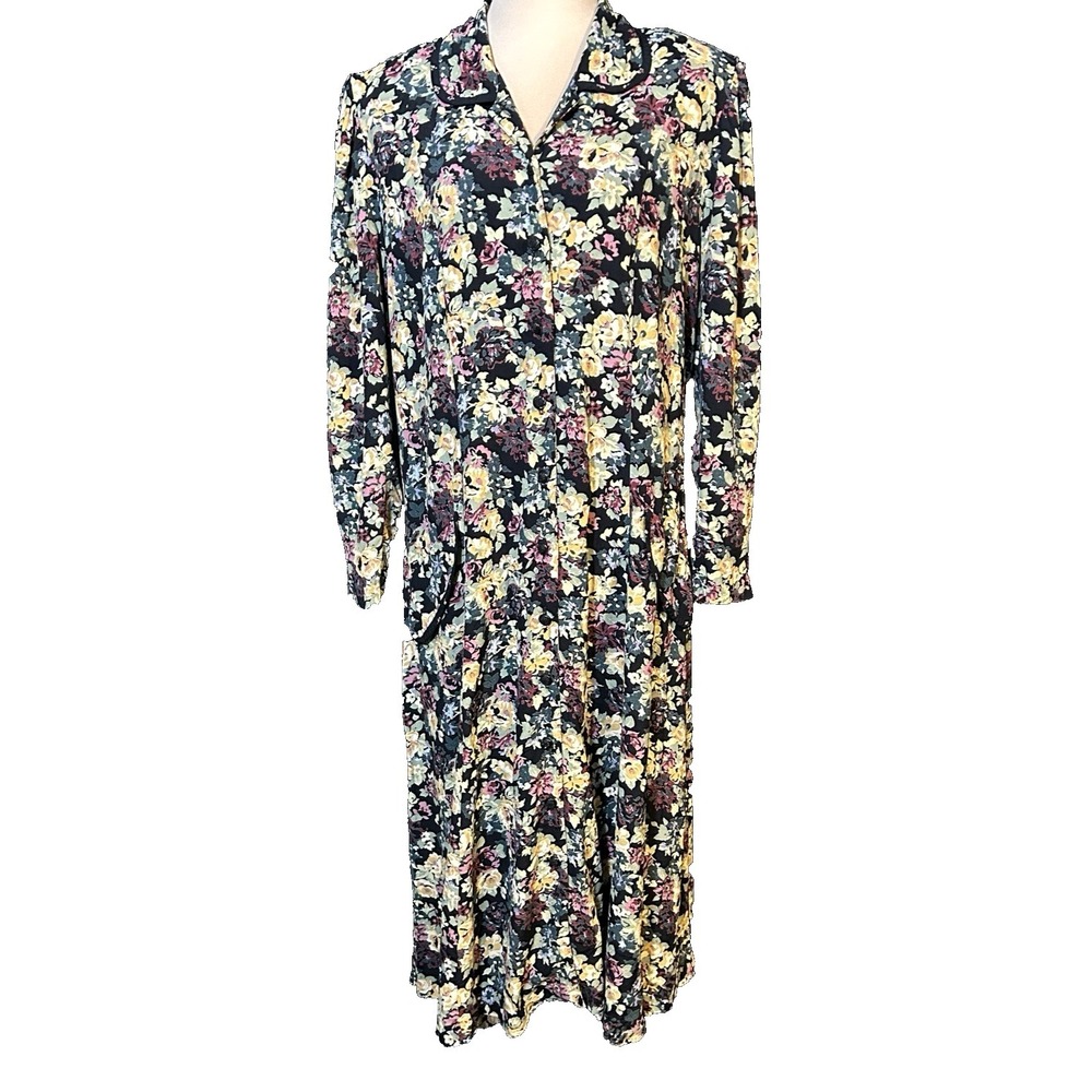 VTG 80s Kathryn Deene Black Floral Maxi Cottage Style Retro Button Up Dress 20